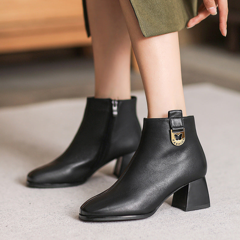 Women Stylish Minimalist Leather Chunky Heel Boots-RAIIFY