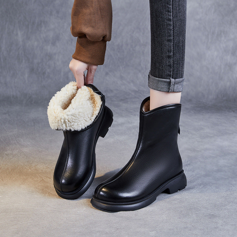 Women Minimalist Leather Woolen Furred Snow Boots-RAIIFY
