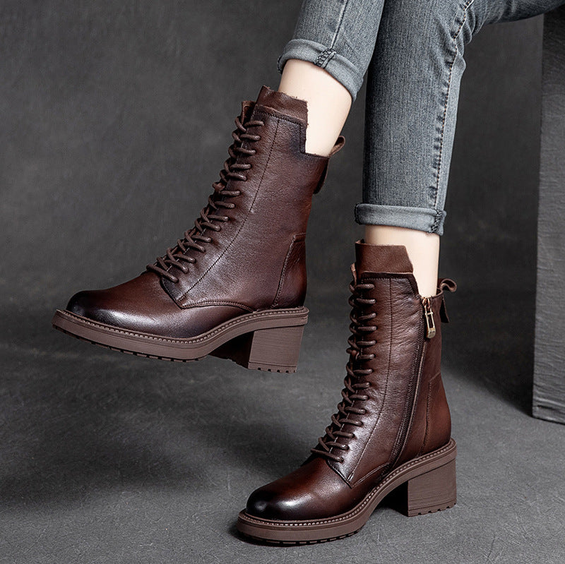 Women Retro Leather Zipper Wedge Boots