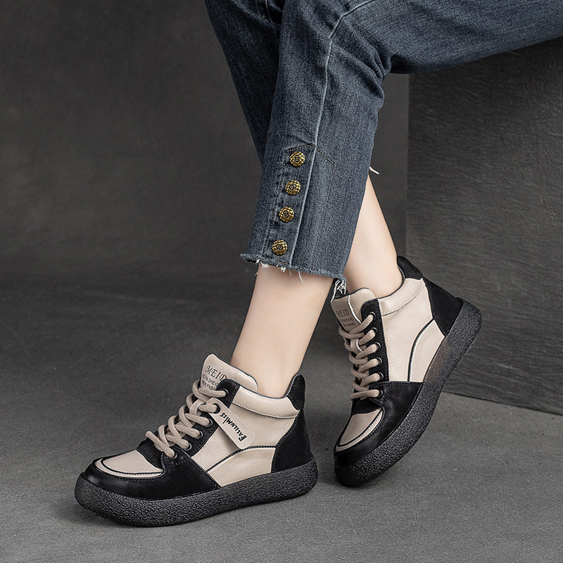 Women Retro Patchwork Leather Flat Casual Boots-RAIIFY