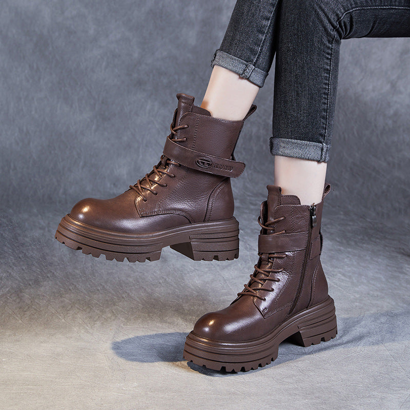 Women Retro Leather Thick Soled Combat Boots-RAIIFY