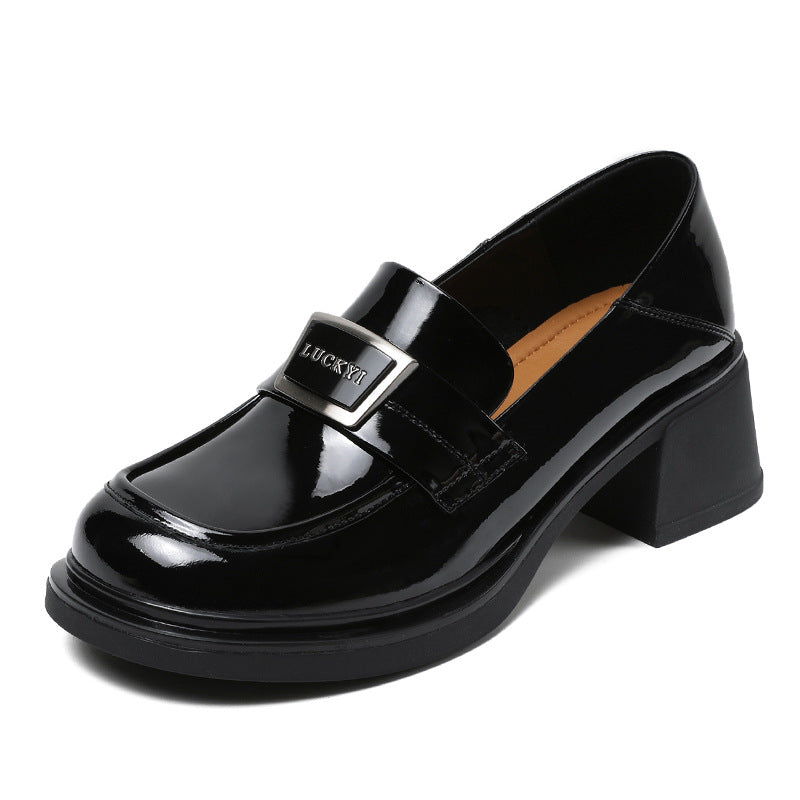 Women Glossy Leather Casual Chunky Heel Loafers-RAIIFY