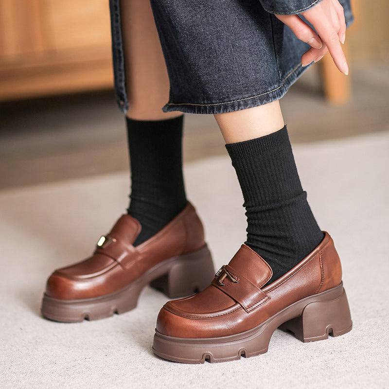 Women Retro Minimalist Leather Chunky Heel Loafers-RAIIFY
