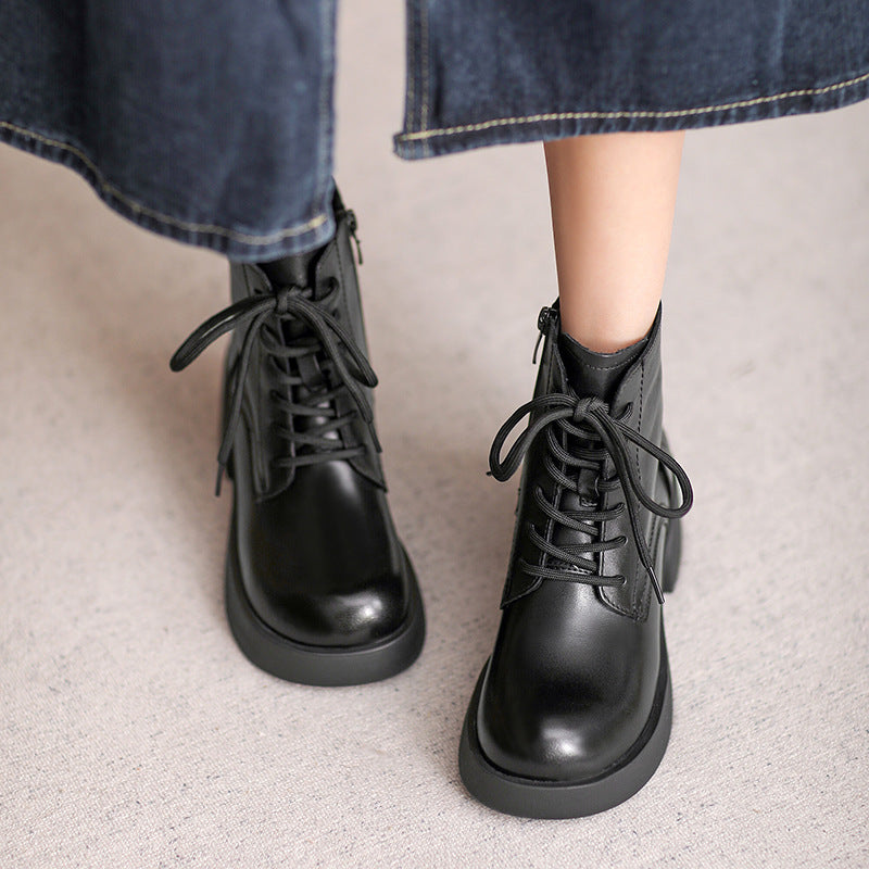 Women Retro Patchwork Leather Chunky Heel Boots-RAIIFY