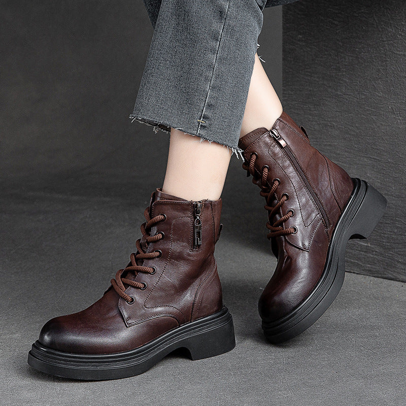 Women Retro Patchwork Leather Casual Boots-RAIIFY