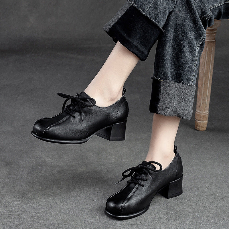 Women Soft Leather Minimalist Chunky Heel Casual Shoes-RAIIFY