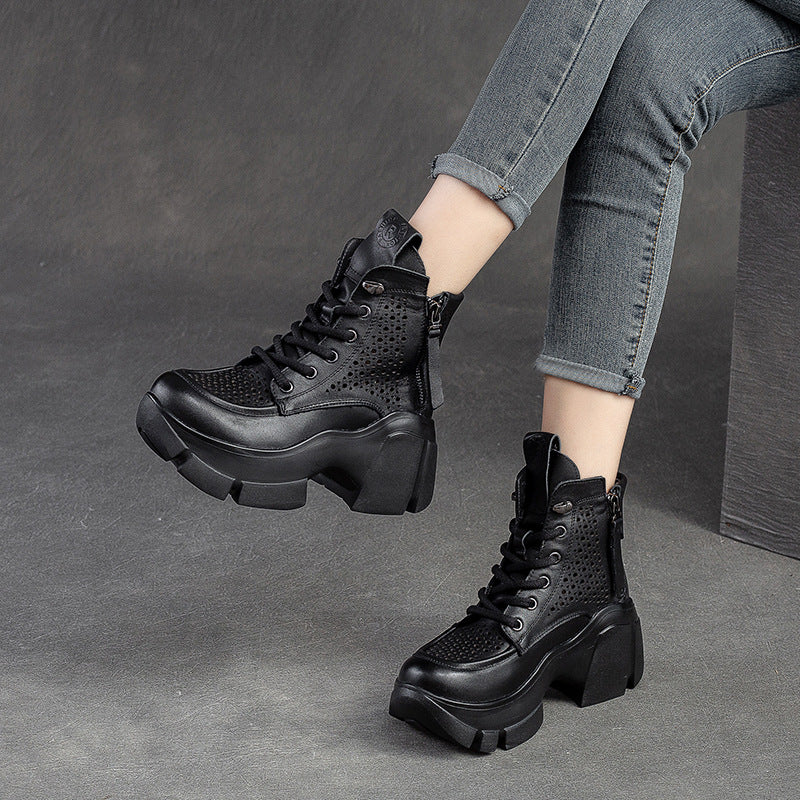 Women Summer Hollow Leather Chunky Platform Boots-RAIIFY