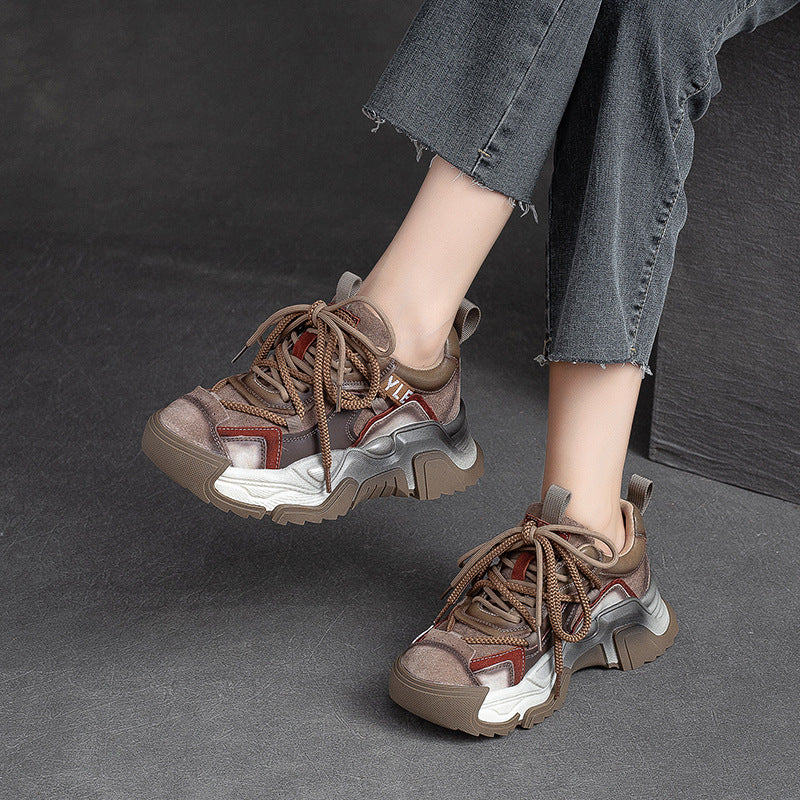 Women Retro Patchwork Leather Platform Dad Sneakers-RAIIFY