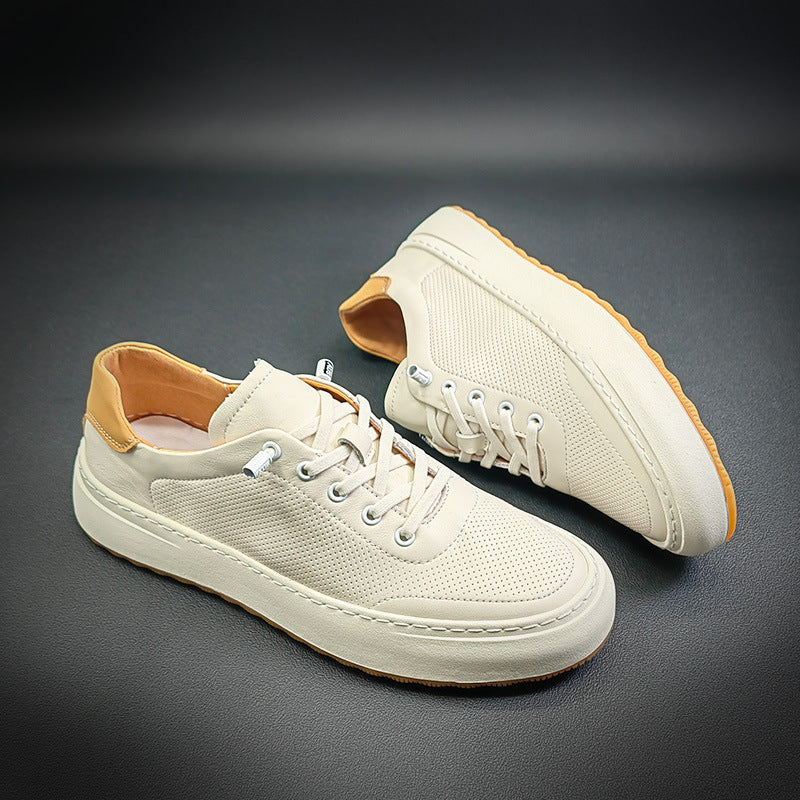 Men Breathable Leather Fashion Flat White Sneakers-RAIIFY