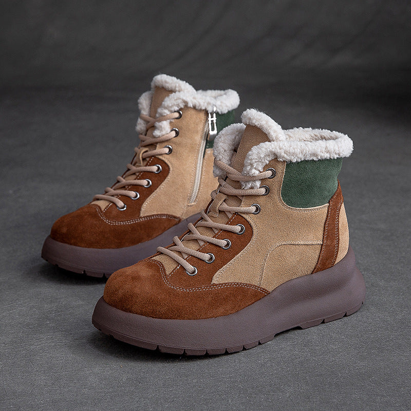 Women Retro Patchwork Leather Furred Snow Boots-RAIIFY