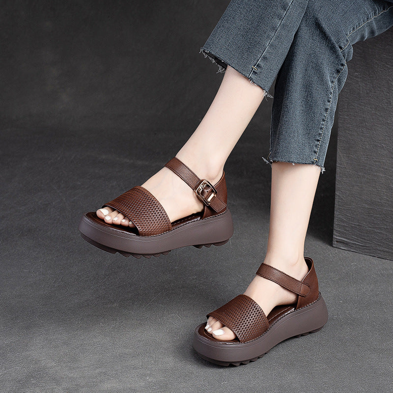 Women Retro Solid Leather Summer Platform Sandals-RAIIFY