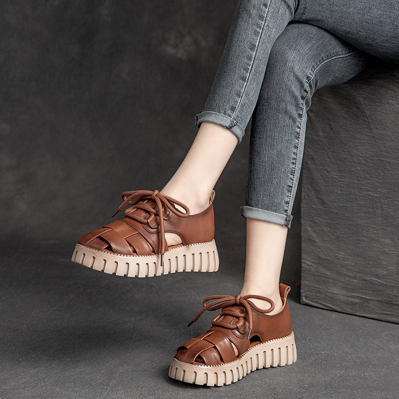 Women Summer Plaited Soft Leather Platform Casual Sandals-RAIIFY