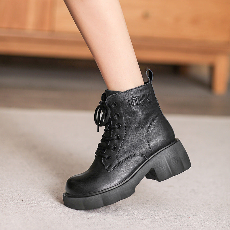 Women Retro Leather Patchwork Chunky Heel Boots-RAIIFY