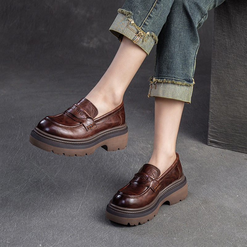 Women Retro Leather Thick Soled Casual Loafers-RAIIFY