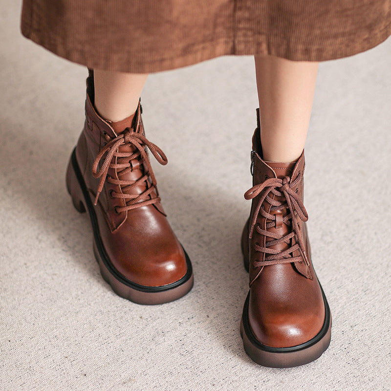 Women Retro Leather Patchwork Chunky Heel Boots-RAIIFY