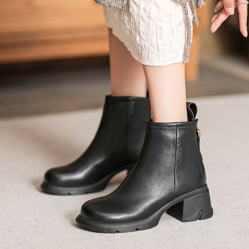 Women Minimalist Solid Leather Chunky Heel Ankle Boots-RAIIFY