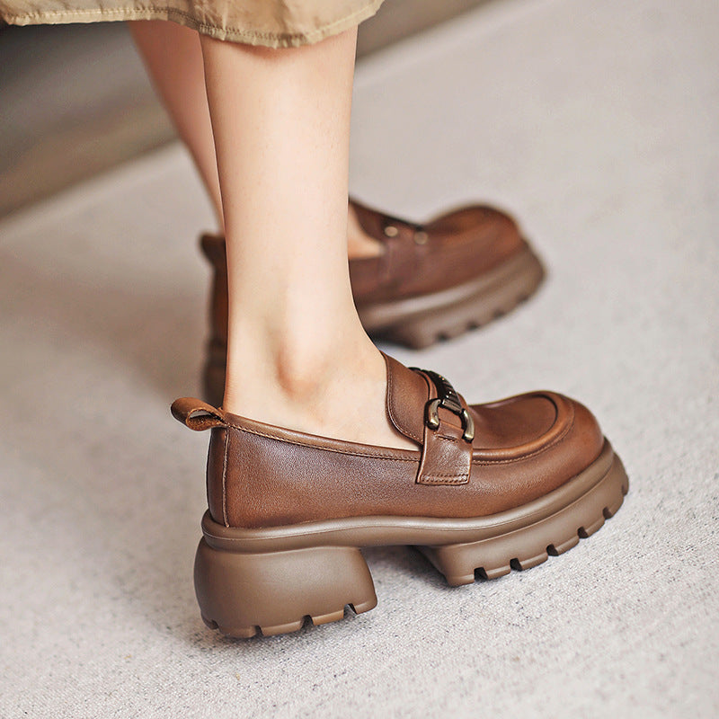 Women Casual Leather Chunky Platform Loafers-RAIIFY