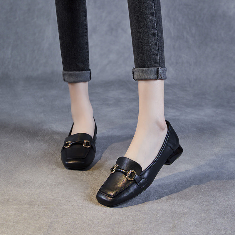 Women Minimalist Buckle Leather Low Block Loafers-RAIIFY