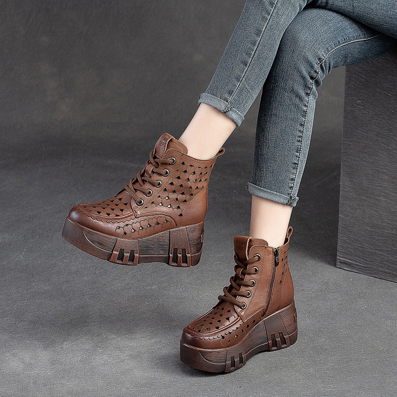Women Retro Hollow Leather Chunky Platform Boots-RAIIFY