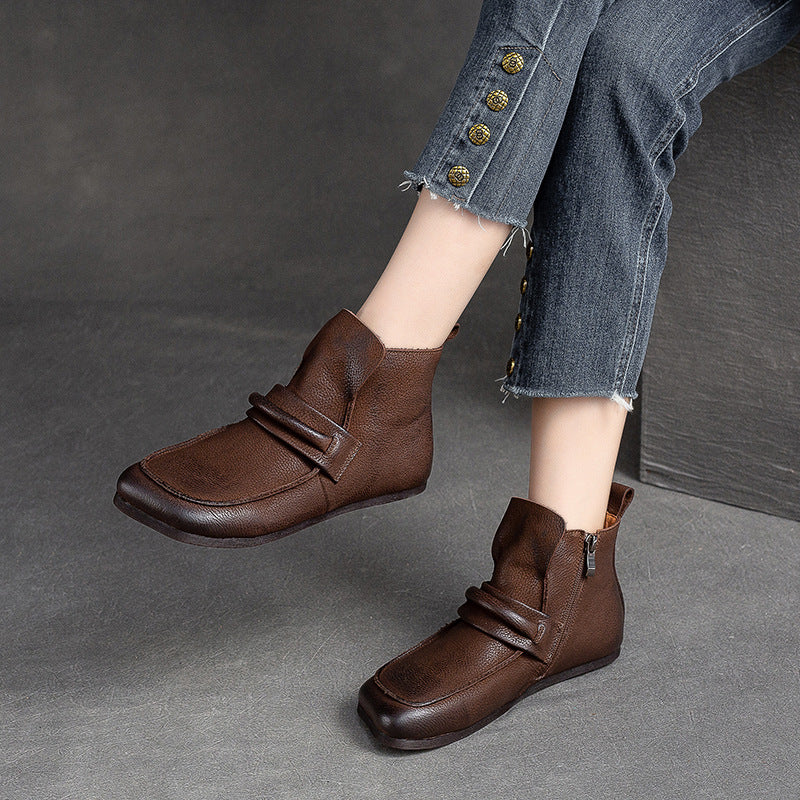 Women Retro Casual Leather Minimalist Flat Ankle Boots-RAIIFY