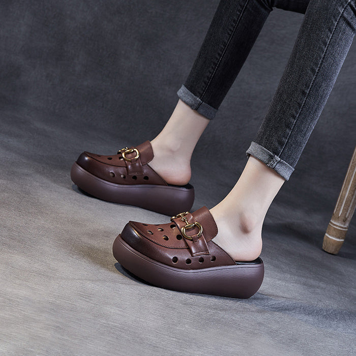 Women Summer Hollow Out Leather Platform Slippers