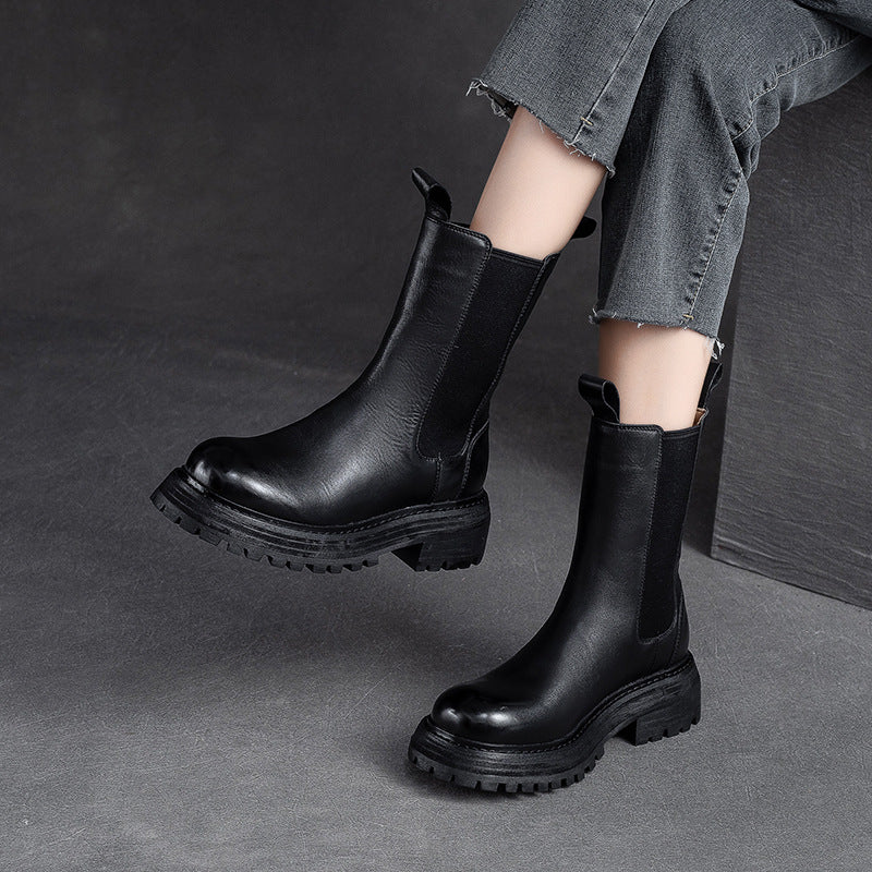 Women Retro Minimalist Leather Mid-Calf Boots-RAIIFY