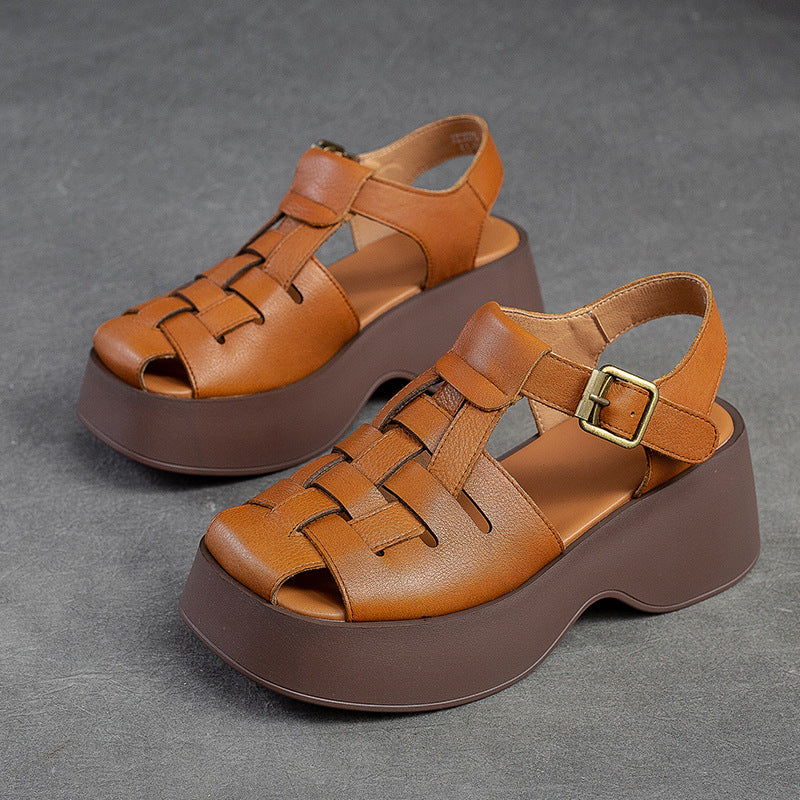 Women Summer Retro Leather Platform Casual Sandals-RAIIFY