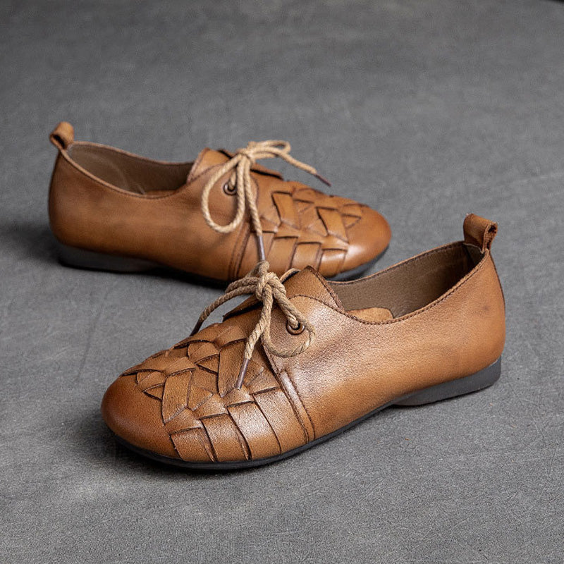 Women Retro Handmade Plaited Leather Flat Shoes-RAIIFY
