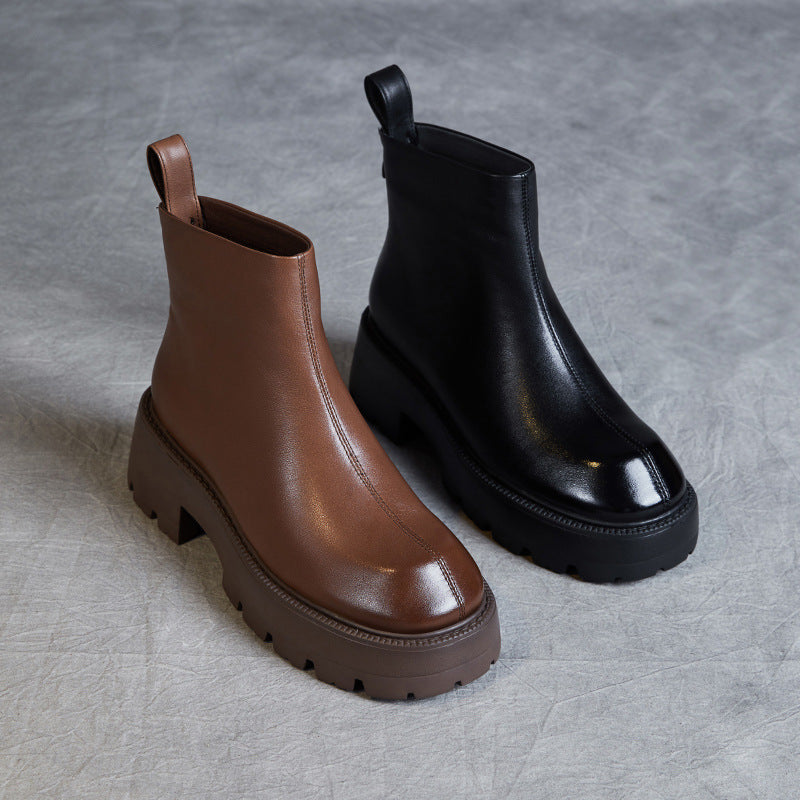 Women Minimalist Retro Leather Chunky Sole Boots-RAIIFY