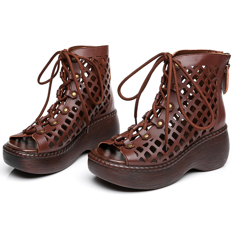 Women Hollow Cowhide Leather Thick-Sole Boots-RAIIFY