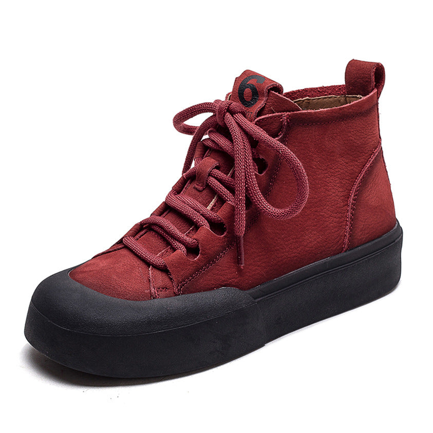Women Retro Solid Leather Flat Casual Boots-RAIIFY
