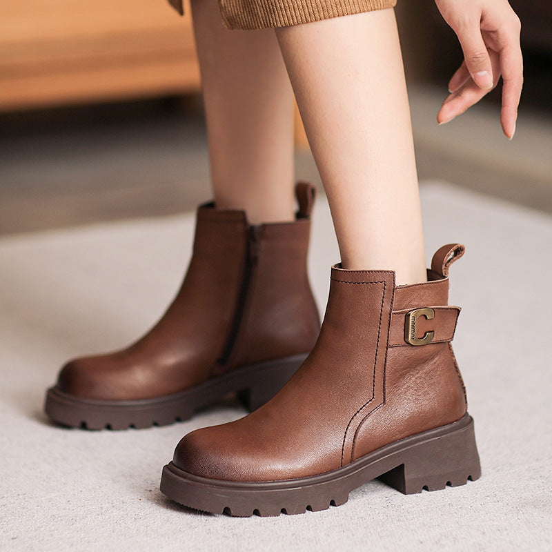 Women Retro Minimalist Patchwork Leather Boots-RAIIFY