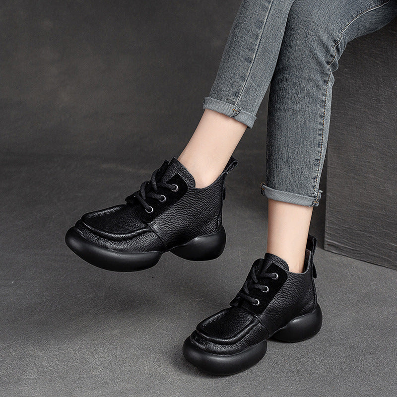 Women Retro Casual Leather Chunky Soled Ankle Boots-RAIIFY