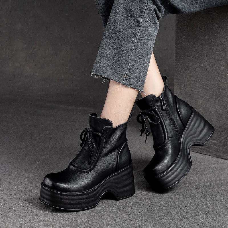 Women Autumn Retro Leather Chunky Platform Boots-RAIIFY
