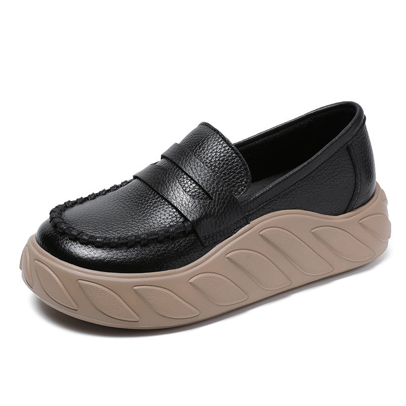 Women Solid Leather Casual Thick Soled Loafers-RAIIFY