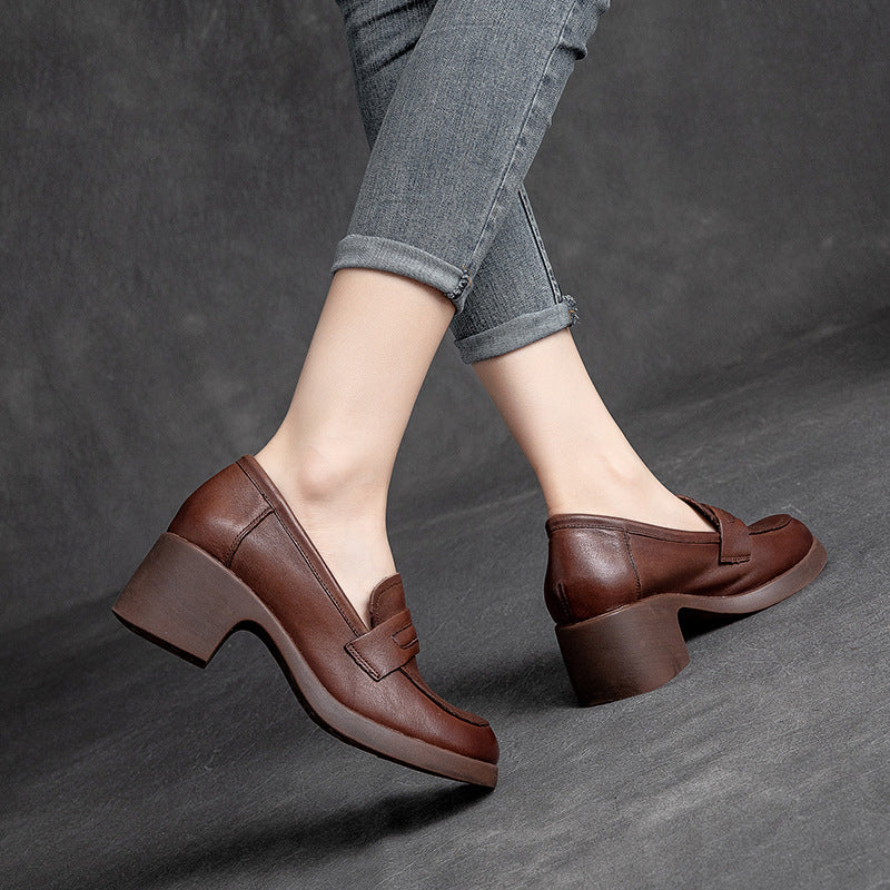 Women Retro Handcraft Soft Leather Chunky Heel Loafers-RAIIFY
