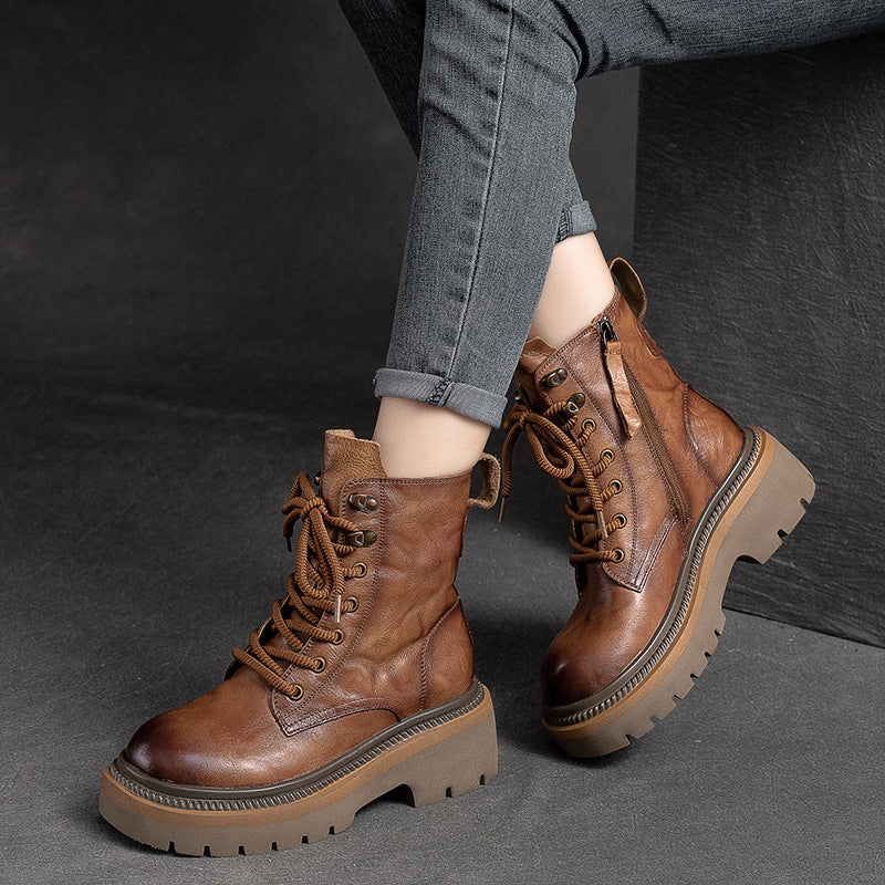 Women Classic Leather Thick Soled Combat Boots-RAIIFY