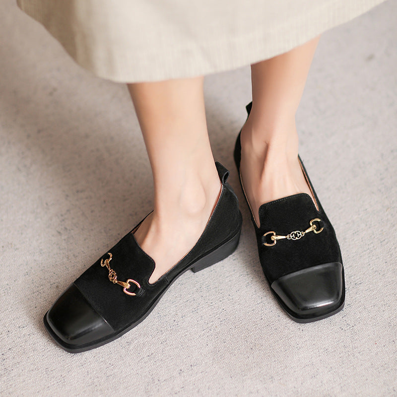 Women Retro Leather Square Head Casual Loafers-RAIIFY