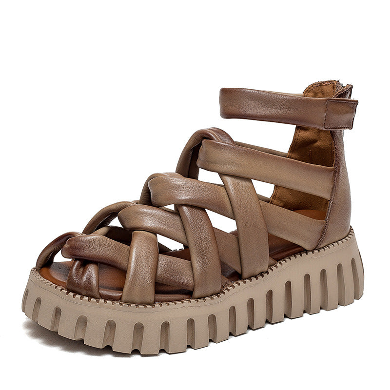 Women Summer Casual Plaited Leather Thick Soled Sandals-RAIIFY