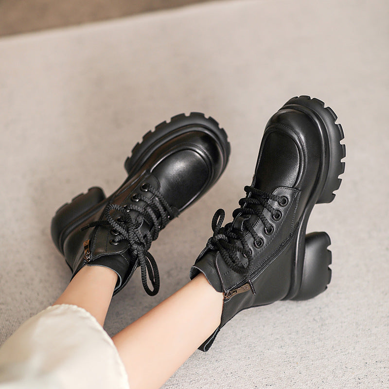 Women Retro Leather Chunky Platform Boots-RAIIFY