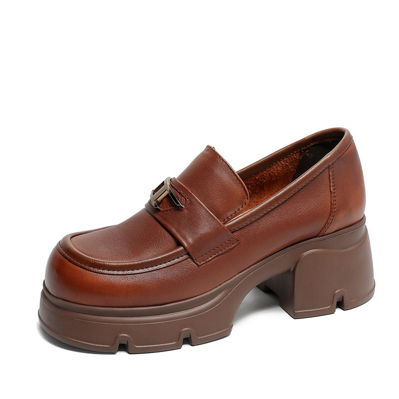 Women Retro Minimalist Leather Chunky Heel Loafers-RAIIFY