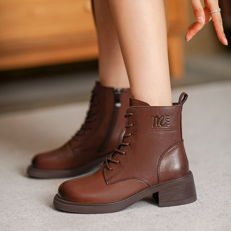 Women Retro Leather Chunky Soled Casual Boots-RAIIFY