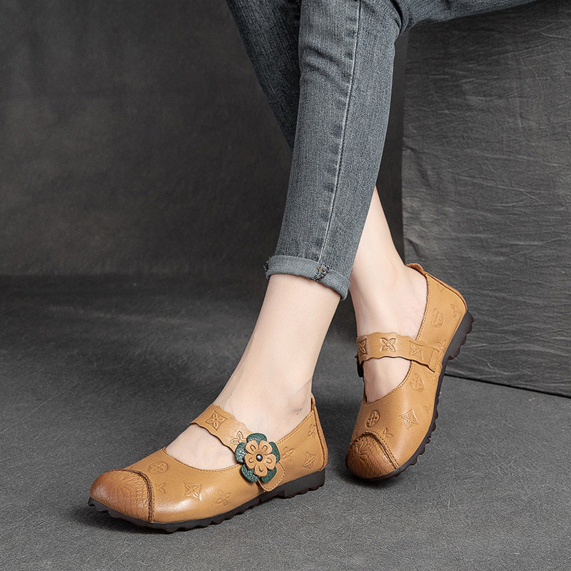 Women Summer Retro Flower Leather Flats Shoes-RAIIFY