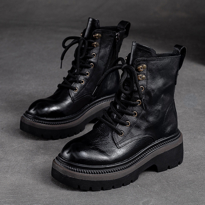 Women Classic Leather Thick Soled Combat Boots-RAIIFY