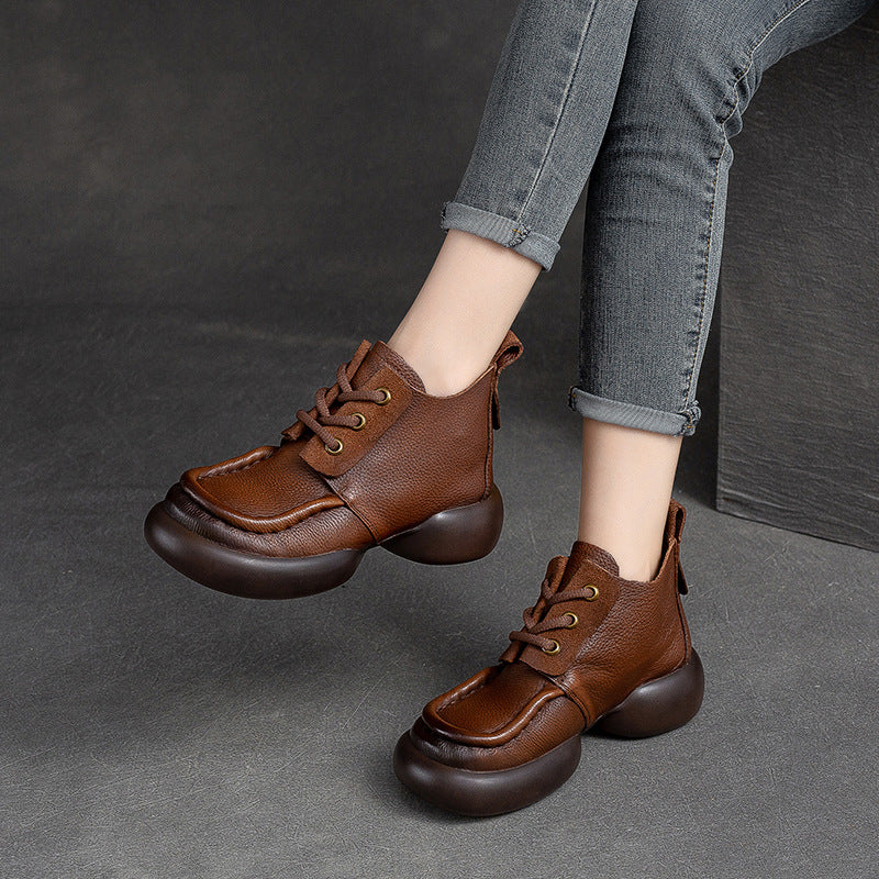 Women Retro Casual Leather Chunky Soled Ankle Boots-RAIIFY