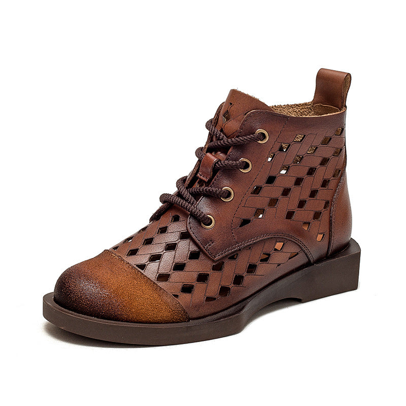 Women Summer Hollow Leather Retro Flat Boots-RAIIFY