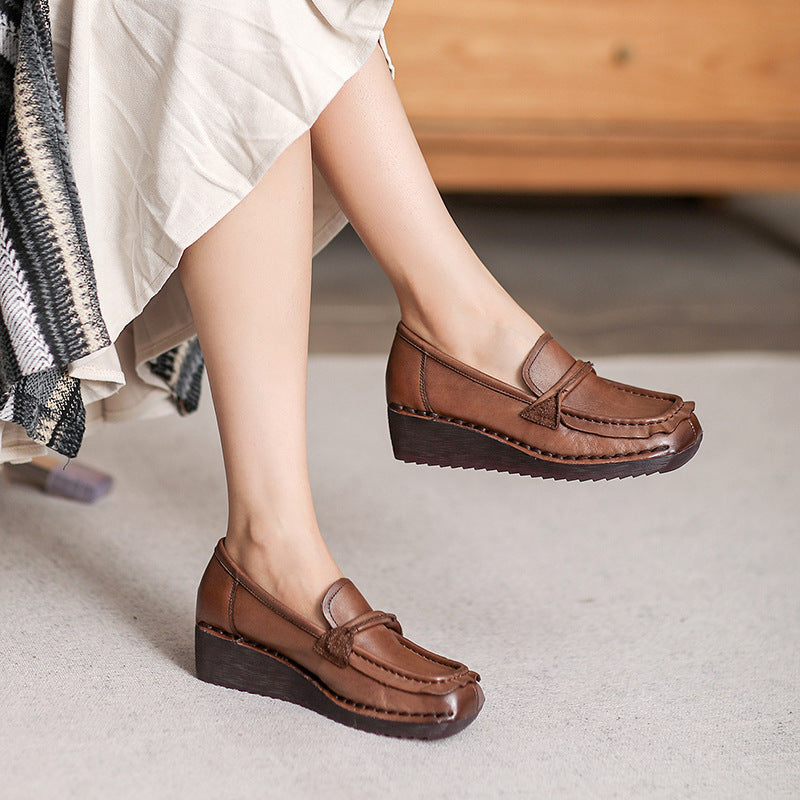 Women Retro Soft Leather Chunky Wedge Loafers-RAIIFY