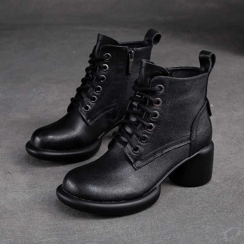 Women Minimalist Leather Casual Chunky Heel Boots-RAIIFY