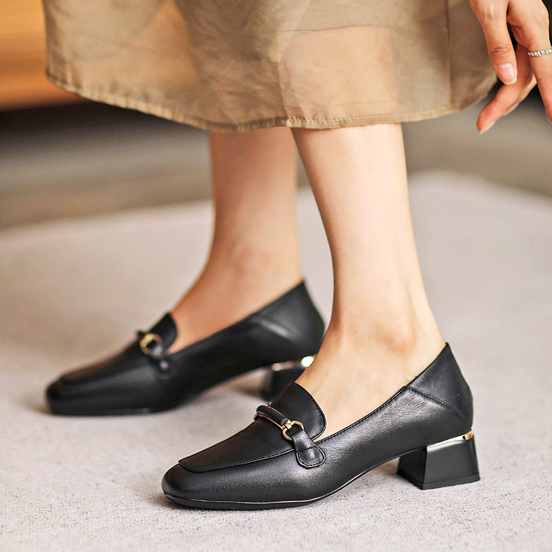 Women Stylish Cowhide Leather Chunky Heel Loafers-RAIIFY
