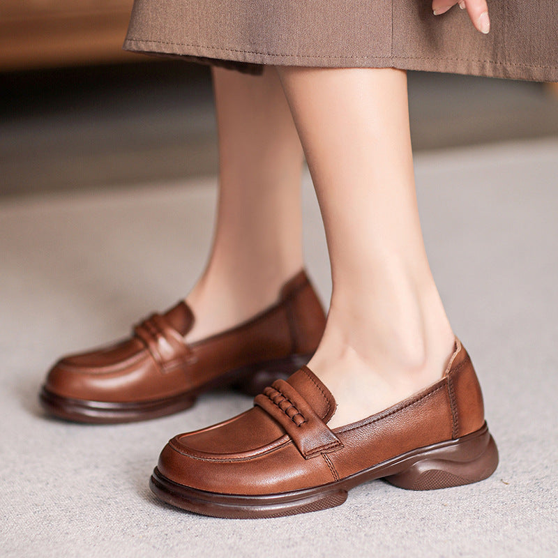 Women Spring Retro Solid Leather Casual Loafers-RAIIFY